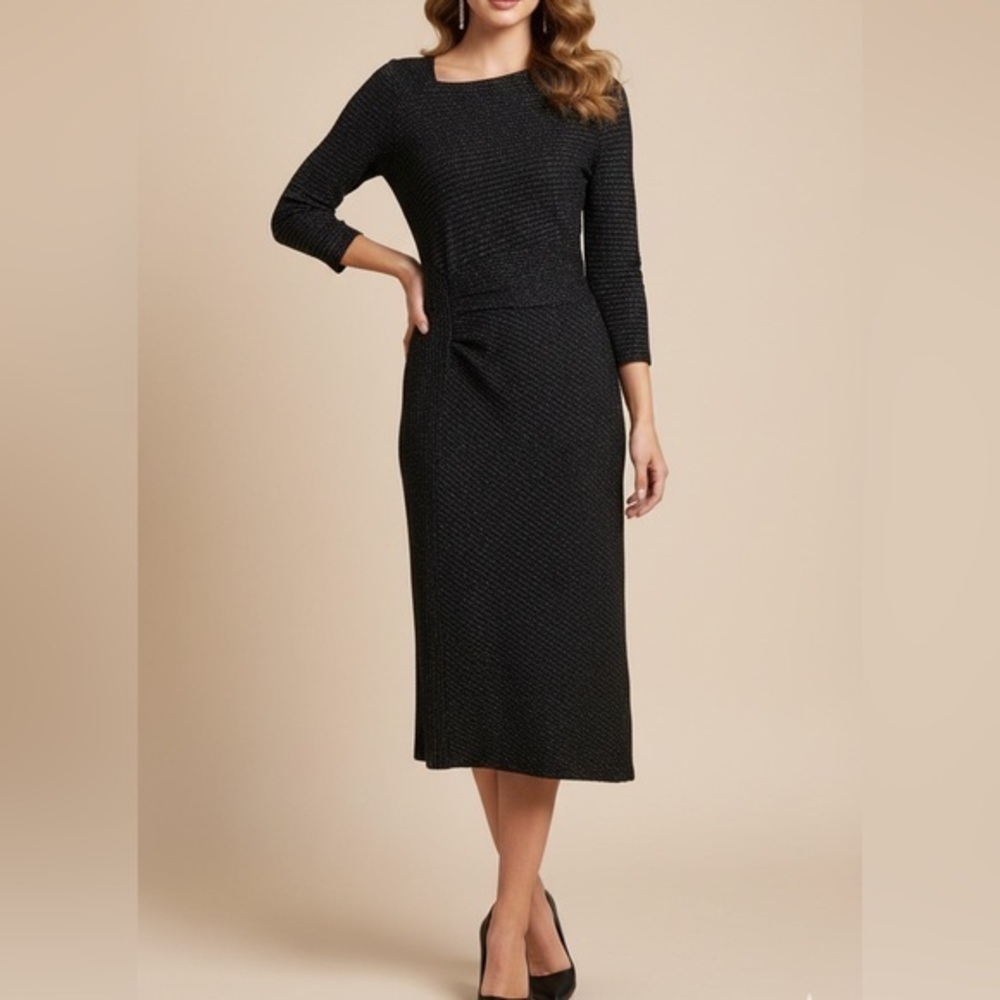 AKEMI + KIN Tegan Black Metallic Shimmer Asymmetrical Midi Dress